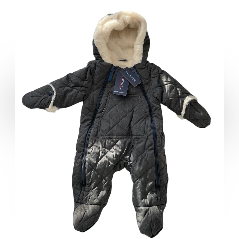 Urban Republic Gray Quilted Snowsuit 6 month with button mittens and grip feet